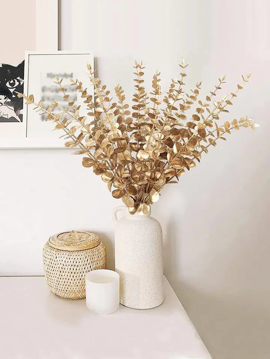 Golden Eucalyptus Stems – 24-Piece Set for Home Décor, Weddings, and Floral Arrangements | Vase Not Included