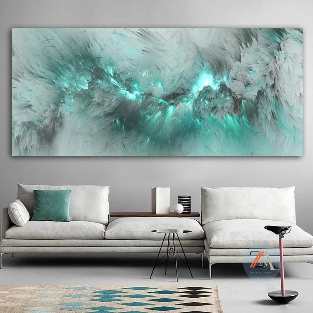 Light Green Blue Geometric Clouds Abstract Oil Painting Canvas – Modern Wall Art for Living Room and Bedroom Decor