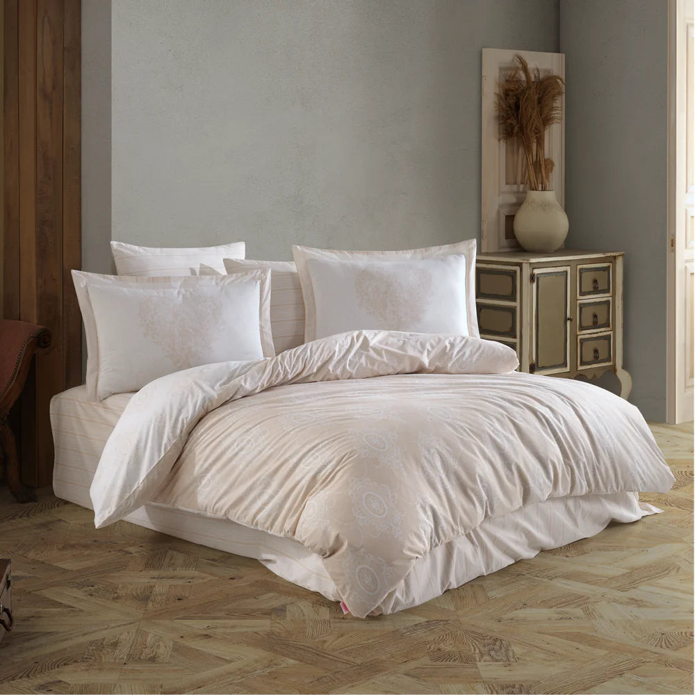 Hobby Rachel Beige Poplin Double Duvet Cover Set - 100% Cotton, Luxurious Soft Bedding