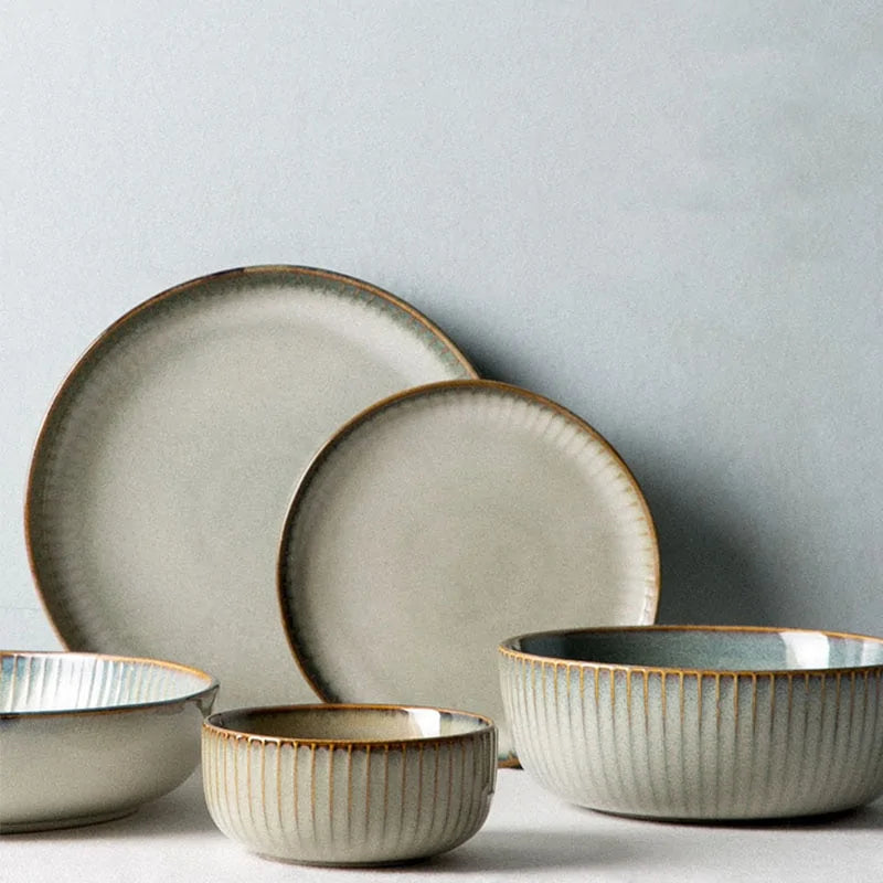 Handcrafted Japanese Ceramic Plates & Rice Bowl Set - Timeless Elegance in Dining