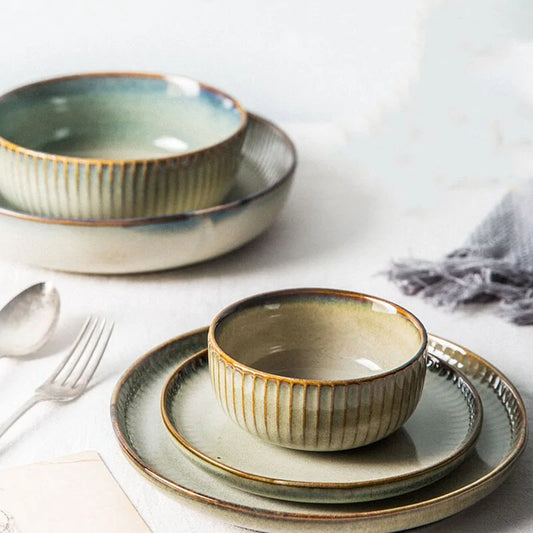 Handcrafted Japanese Ceramic Plates & Rice Bowl Set - Timeless Elegance in Dining