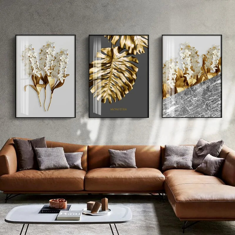 Luxury Gold Leaf Wall Art Canvas Set – Modern Abstract Painting for Home Decor