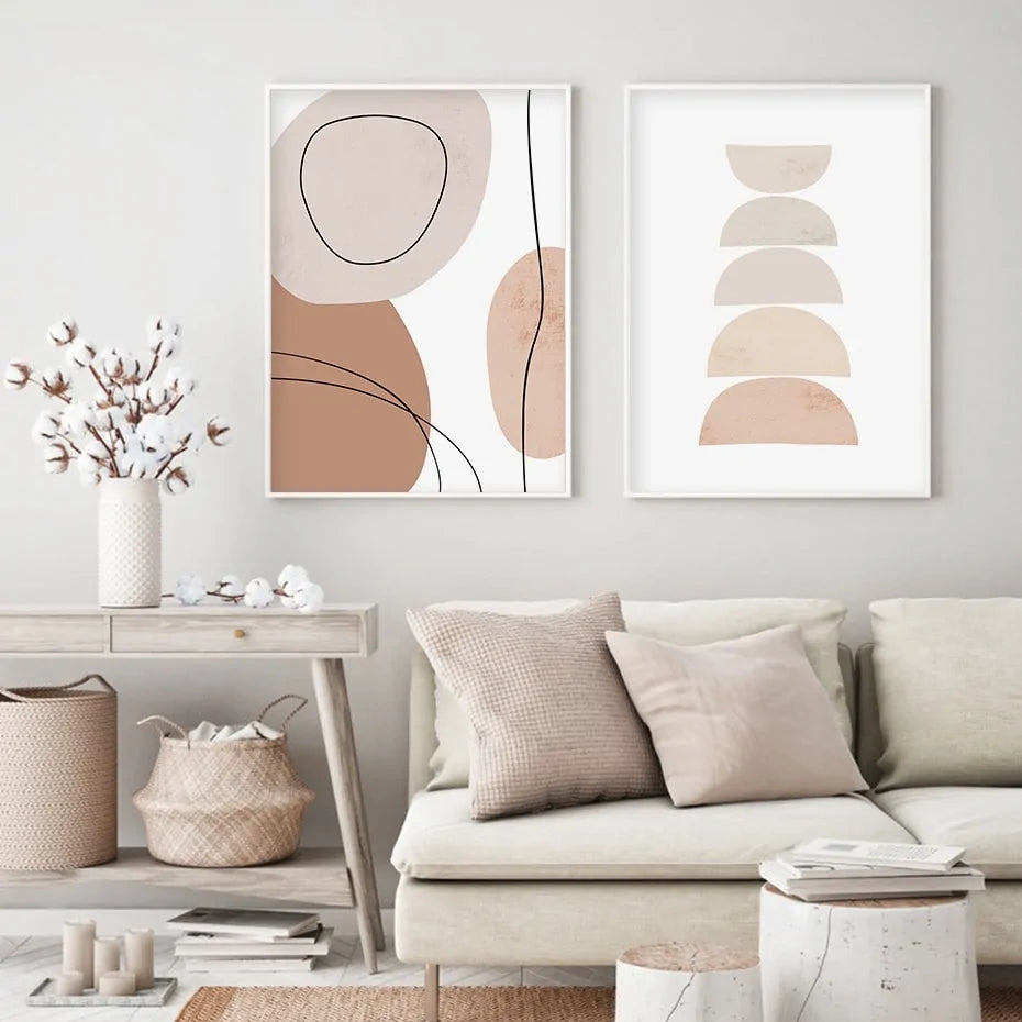 Abstract Geometric Beige Boho Style Canvas Wall Art – Minimalist Modern Decor for Living Room or Bedroom