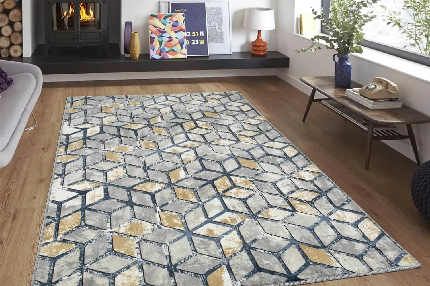 Modern Geometric Non-Slip Area Rug – Aksu Design, 100% Polyester Carpet with PVC Base for Living Room